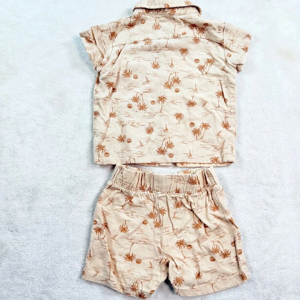 Stitch‎ & Stone Baby Boy 18M Tropical Palm Tree Shirt and Shorts Set Tan Brown